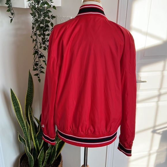 Starter Red Button Up Bomber Jacket with Stripe Sleeves, Waistband and Neck Sz M - Picture 5 of 10